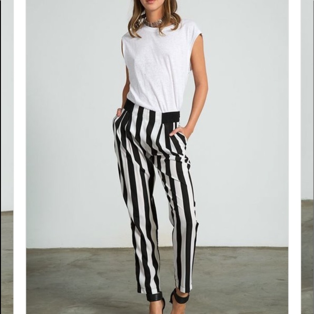 Silky b&w pants with side zipper and closure.